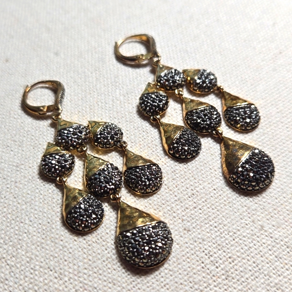 Sterling Silver Vermeil Marcasite Teardrop Chandelier Lever Back Earrings - Picture 2 of 4